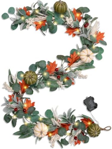 6FT Lighted Handcrafted Fall Garland, 30 LED Lights & 8-Mode Auto Timer by MISF