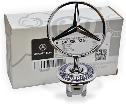 Mercedes Benz Genuine Vehicle Hood Star Emblem Badge (140-880-02-86, Chrome and Blue Laurel Wreath)