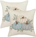 Fall White Teal Blue Pumpkin Leaf Pillow Covers 18x18 Set of 2 by Gohdiwh