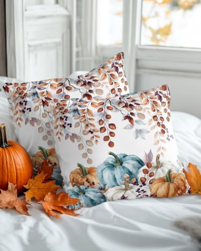 Thanksgiving Pumpkin Pillow Covers 18x18 Inch Set of 2, Eucalyptus Leaves Fall Decorations Indoor Outdoor Throw Pillow Covers, Orange Blue Linen Pillowcases for Patio Sofa Couch Bedroom Decorative - Image 2