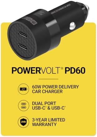 Scosche 60W USB-C Car Charger, 30W + 30W Dual Power Delivery Fast Charging, USB-C Car Charger Adapter for Charging Multiple Devices, Compatible with iPhone Air, iPhone 17/16/15, Galaxy S26/S25