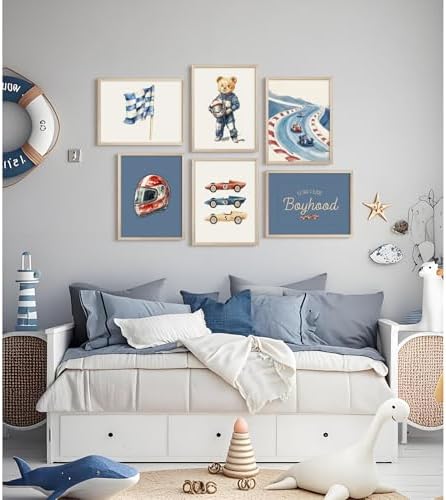 Nursery Race Car Wall Art Boys Room Canvas Wall Decor Vintage Nursery Prints Teddy Bear Poster Race Car Pictures Baby Boy Toddler Painting Artwork for Kids Bedroom Playroom 8x10 Inch Unframed 6Pcs - Image 5