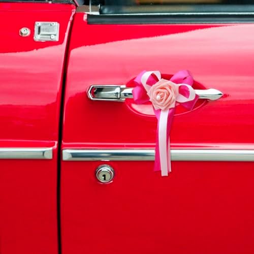 12 Pieces Wedding Car Flower Decoration Artificial Rose Flower with Ribbon Bows Wedding Aisle Chair Back Flowers Decor Car Door Handles Rearview Mirror Decorative Flower,Pink - Image 3