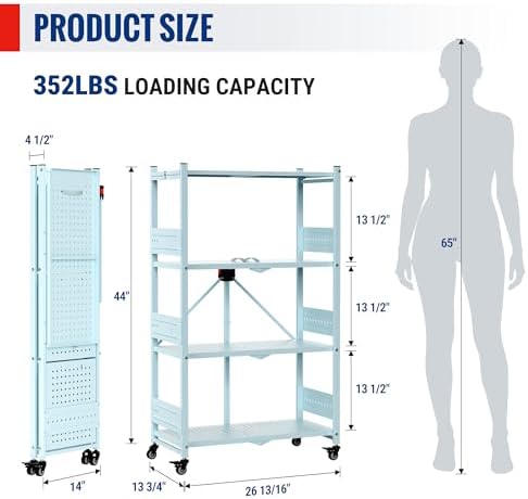 WORKPRO 4-Tier Folding Shelf, No-Assembly Metal Storage Rack with Wheels, 600 lbs Capacity (with Leveling Feet), Collapsible Shelving Unit for Kitchen, Pantry, Closet & Craft Shows - Blue - Image 3