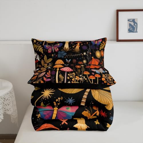 Feelyou Mushroom Bedding Set Queen Size Boho Comforter Set for Kids Boys Girls Death Moth Comforter Flowers and Plants Duvet Set - Image 5