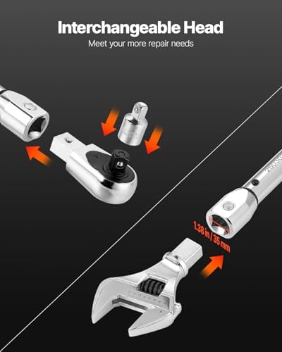 VEVOR Adjustable Torque Wrench 1/2 Inch Drive, 20-160Ft.lb/27.1-216.8Nm, 38MM Open End, 3/8 Inch Drive Torque Wrench with Interchangeable Jaw & Ratchet Head for HVAC, Car, Moto, Narrow Pipeline - Image 2