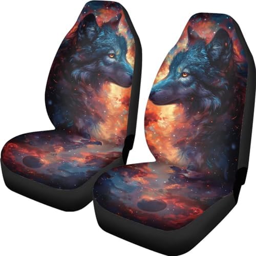 Galaxy Wolf Print Car Seat Covers Full Set of 2 Automobile Front Seat Covers Vehicle Accessories Cushion Pad Mat for SUV Trucks Chairs Vans Auto