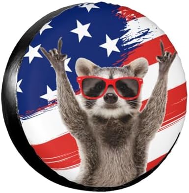 Funny Raccoon Spare Tire Cover American USA Flag Wheel Tire Covers Waterproof Wheel Tire Protector Weatherproof Dust-Proof Tyre Covers Universal Fit for Truck SUV Trailer RV Car Travel 16 Inch