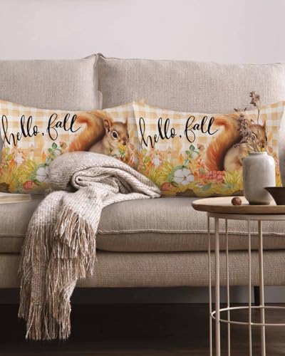 Fall Pillow Covers 12x20 Inch Set of 2, Thanksgiving Decorations Squirrel Sunflower Outdoor Throw Pillow Covers, Plaid Leaf Autumn Holiday Square Pillowcases for Patio Sofa Couch Bedroom Decorative - Image 2