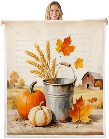 Fall Harvest Throw Blanket Farm Pumpkin Wheat Fleece Flannel Blankets Kids Boys Girls Room Decor Country Maple Leaf Bed Blankets for Bed Sofa Couch Orange Yellow Silvery Plush Blanket Baby 30"x40" by CastleFairy