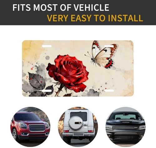 Red Rose Watercolor Butterfly Cool Front License Plate 6x12 Inch
