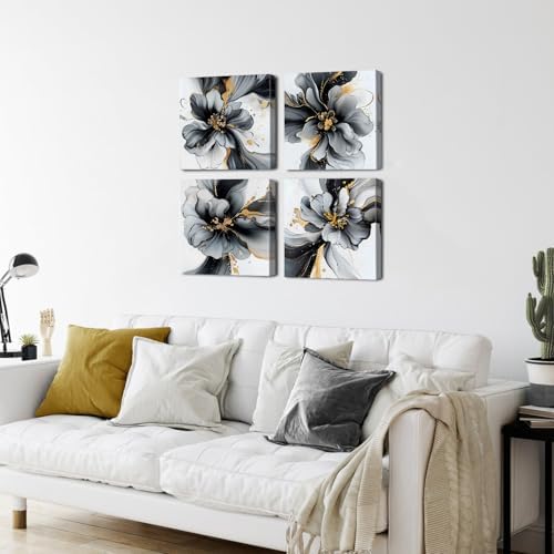 Abstract Canvas Art Black and White Floral Wall Painting Marble Fluid Watercolor Wall Art Gold Splash Ink Minimalist Modern Posters Living Room Bathroom Office Interior Home Decoration 20x20" 4 Pieces - Image 4