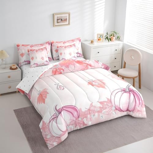 Erosebridal Pink Pumpkin Twin Bedding Set for Girls 7 Piece,Fall Maple Leaf Comforter Set for Kids Women Aesthetics Diamond Decor Bed in A Bag Girly Kawaii Autumn Theme Sheet Set with Comforter - Image 3
