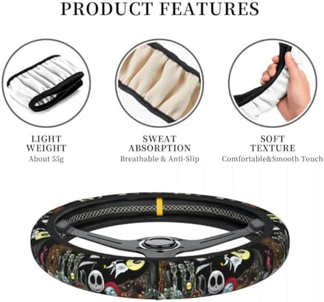 Halloween Jack and Sally Horror Nightmare Christmas Steering Wheel Cover for Women, Neoprene Anti-Slip Universal 15 inch Car Steering Wheel, Anime Car Accessories for Vehicle SUV (Xmas 5)