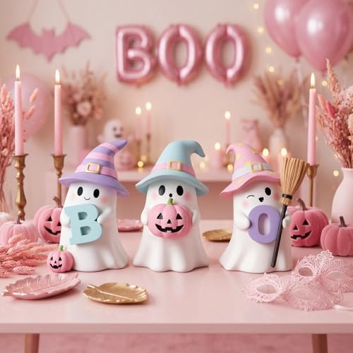 3 Pcs Pastel Halloween Ghost Figurines 4" Resin Halloween Decor - Image 2