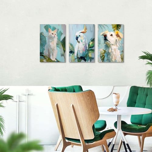 Funny Animal Wall Art Watercolor Green Leaves Pictures Prints Boho Cute Cat Dog Parrot Plant Paintings Posters Kids Bedroom Decor Rustic Botanical Modern Nursery Artwork for Home Decoration 16x24" 3P - Image 5