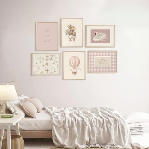 Pink Nursery Wall Art Baby Girl Canvas Wall Decor Vintage Poster Bunny Flower Wall Art Antique Preppy Pictures Animal Floral Prints Kids Swans Painting for Girls Room Bedroom 8x10x6 Inch Wood Framed - Image 6