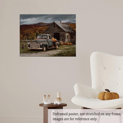 Vintage Truck with Pumpkins Wall Art – Rustic Fall Barn Landscape Canvas,Country Farmhouse Poster for Thanksgiving Entryway or Autumn Living Room Decor 16x20in Unframed - Image 4