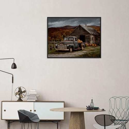 Vintage Truck with Pumpkins Wall Art – Rustic Fall Barn Landscape Canvas,Country Farmhouse Poster for Thanksgiving Entryway or Autumn Living Room Decor 16x20in Black aluminum frame - Image 6