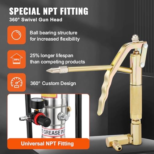 VEVOR Grease Pump, 3 Gallon Air Grease Pump with 13 ft High Pressure Hose and Grease Gun, 12L Pneumatic Grease Pump with Wheels, Portable Lubrication Grease Pump - Image 3