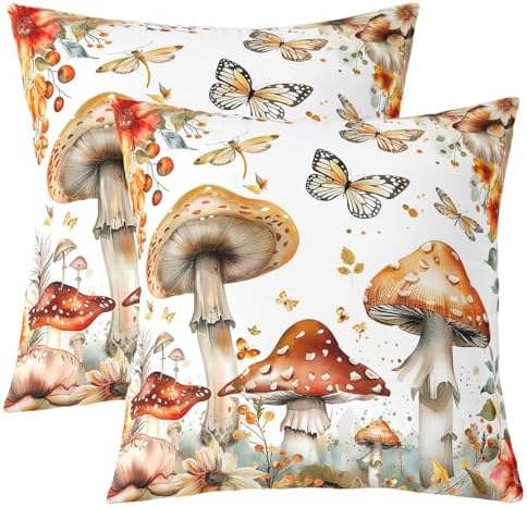 Manfei Mushroom Double Sides Print Pillow Covers,Jungle Botanical Plants Flowers Watercolor Fall Throw Pillow Case Covers,Rustic Farmhouse Butterfly 2 Pack Cushion Covers,16"x16" by Manfei