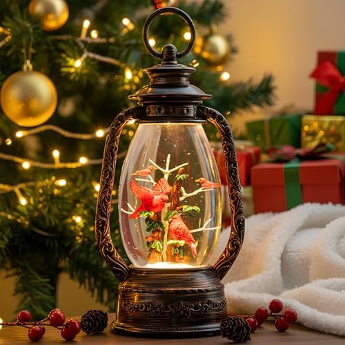 Christmas Snow Globe Lantern Water Glittering 12'' Cardinal with Music, USB Lined/Battery Operated Lighted Lantern for Christmas Festival Decoration Gifts - Image 2