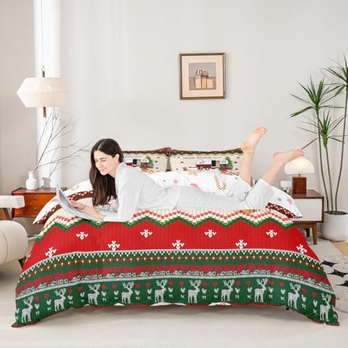 Merry Christmas Kids Duvet Cover Set King Size,Happy Camping Camper Rustic Bedding Set,Girls Boys Adults Room Decor,Christmas Deer Snowflake Comforter Cover,Colorful Xmas Quilt Cover,2 Pillowcases - Image 2