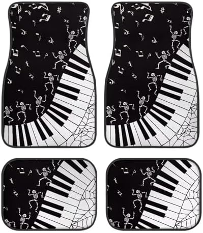 Black White Musical Skeleton Print Funny Halloween Car Floor Mats 4 PCS, Cute Durable Interior Accessories for Car SUV, All Weather Floor Mats with Front Rear Trunk Liners Set for Party