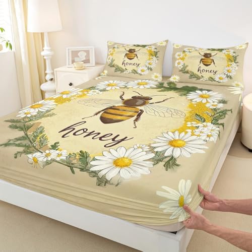 Erosebridal Kawaii Honey Bee Bedding Set Twin Cute Geometric Honeycomb Bed Sheets Farm Rustic Daisy Sheet Set for Kids Girls Teen Women,Soft Honey Bee Fitted Sheet + Flat Sheet + 1 Pillow Case - Image 6