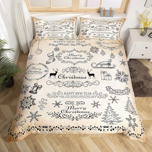 Merry Christmas Kids Duvet Cover Set Full Size,Deer Snowflake Rustic Farmhouse Bedding Set,Girls Boys Adults Room Decor,Christmas Trees Flowers Comforter Cover,Brown Retro Quilt Cover,2 Pillowcases - Image 4