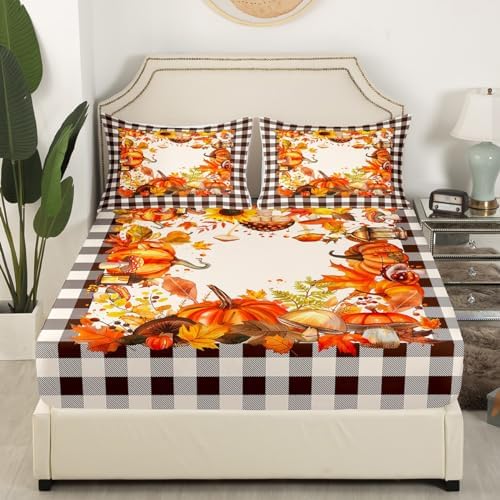 Buffalo Plaid Pumpkins Mushrooms Bedding Set King,Vintage Fall Harvest Theme Bed Sheets For Home Bedroom,Autumn Maple Leaves Sunflower Sheet Set Thanksgiving Gifts Flat Sheet Orange Brown White 4Pcs - Image 3