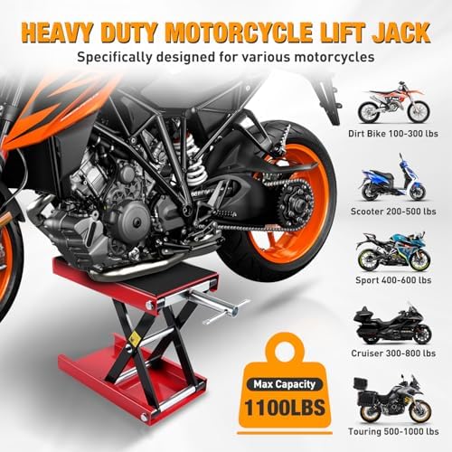 Nilight Motorcycle Lift Jack 1100 LBS Scissor Jack Stand Lift from 3.4" to 14.2" with Wide Deck Crank Handle Steel Scissor Hoist Garage Repair Lifter Table Jacks for Motorcycles ATV Dirt Bike, Red - Image 2