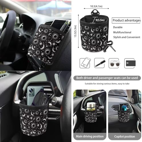 Celestial Sun Moon Stars Print Car Seat Covers 15Pcs Full Set Car Steering Wheel Cover Seat Belt Cover Trash Bin Air Vent Storage Box Rear View Mirror Car Cup Holder Keychain