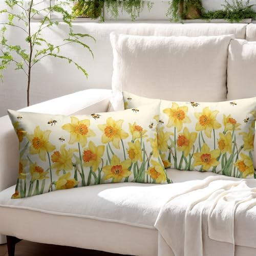 Spring Pillow Covers 12x20 Set of 2 Yellow Floral Throw Pillow Covers Rustic Flower Pillowcase Linen Decoration Farmhouse Soft Decorative Bee Summer Cushion Case Couch for Indoor Outdoor Home Decor - Image 3