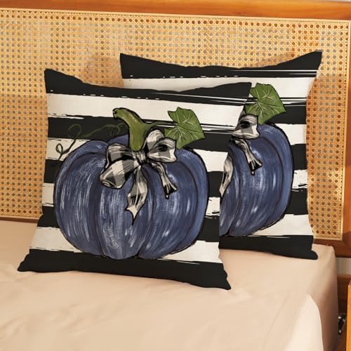 Fall Pillow Covers 18x18 Set of 2 Dark Blue Pumpkin Buffalo Plaid Fall Decor Pillowcase Autumn Thanksgiving Decorative Outdoor Throw Pillow Covers Linen Farmhouse Cushion Case for Couch Home - Image 2