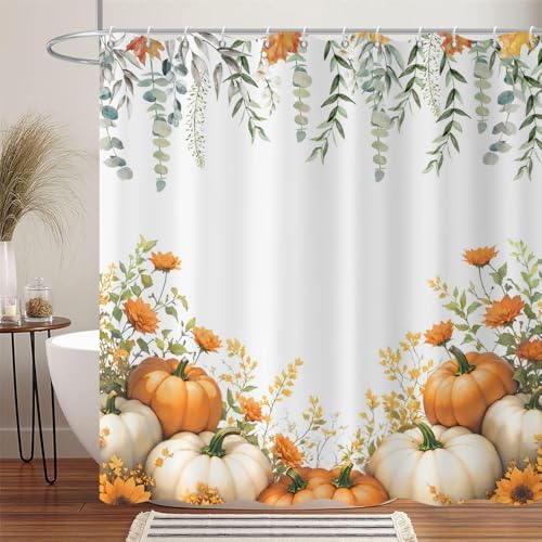 Fall Pumpkin Shower Curtain, Watercolor Autumn Harvest Pumpkins Wildflowers Green Leaves on the Top Thanksgiving Day Bathroom Curtain Waterproof Fabric Machine Washable with Hooks, 72"Wx96"L - Image 3