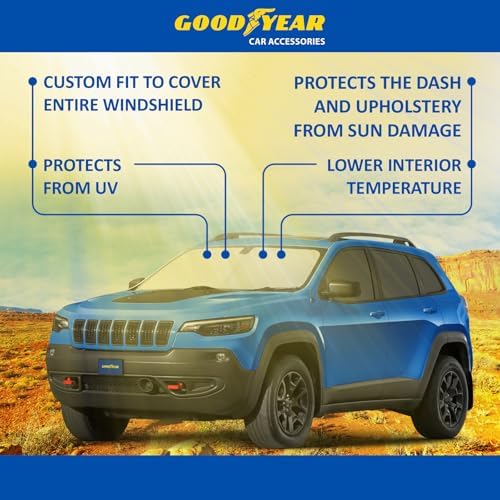 Goodyear Foldable Windshield Sunshade for Jeep Cherokee 2014-2023, SUV car Accessories, Sunshade Cover, Sun Shade Car Windshield, Window Sun Blocker - GY008261