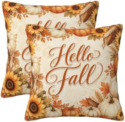 Fall Pumpkin Throw Pillow Covers 20x20 Set of 2, Rustic Cushion Covers by KiuLoam