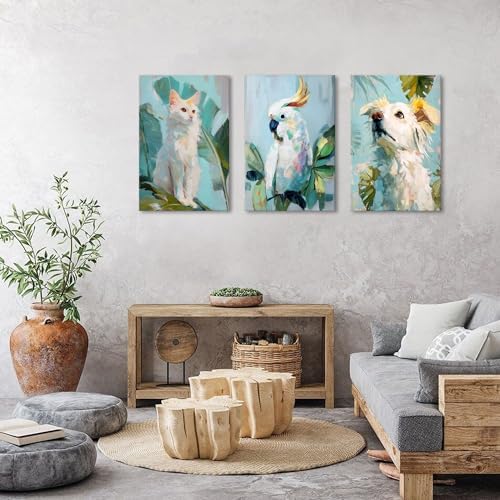 Big Cute Cat Wall Art Green Botanical Picture Woodland Nursery Wall Decor Tropical Teal Leaves Painting Animals Portrait Poster Framed Artwork for Bedroom Living Room Home Decorations 24x36 3P - Image 4