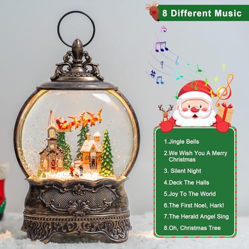 Christmas Snow Globes Lantern Snow Globe with Music Water Lantern Santa Flying Scene Elk Lighted Swirling Water Glitters Snowglobe Christmas Decoration - Image 6