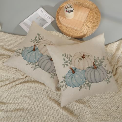 Fall White Teal Blue Pumpkin Leaf Pillow Covers 18x18 Set of 2 - Image 6