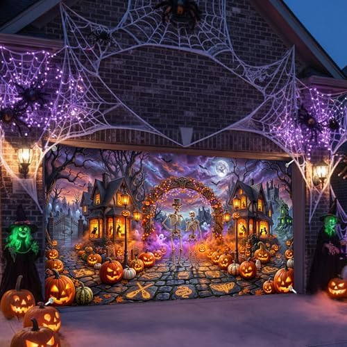 Halloween Garage Door Cover 13x6ft Skeleton Pumpkin Haunted House Decor - Image 3