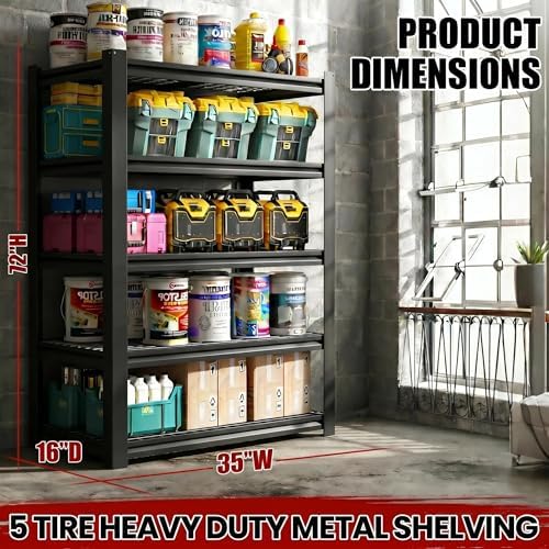 72" H Heavy Duty Garage Shelving, Metal Storage Shelves, 5 Tier Adjustable Storage Shelves, Industrial Utility Rack for Warehouse, Basement, Workshop, Kitchen, 16" D×35" W×72" H, Black - Image 2