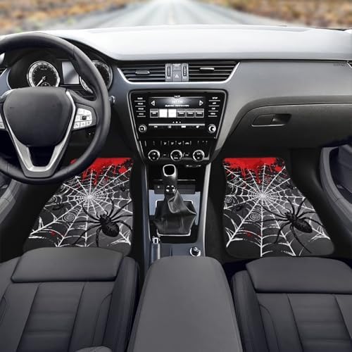Spiderweb Car 4 Piece Floor Mat Set, Gothic Blood Drip Universal Fit Protection Heavy Duty Heel Pad Car Mats, Black Spider Car Floor Front and Rear 2 Rows Set