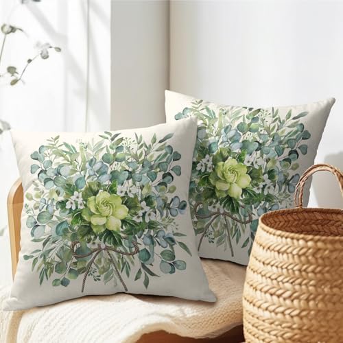 Spring Pillow Covers 18x18 Set of 2 Green Floral Throw Pillow Covers Rustic Pillowcase Linen Decoration Farmhouse Soft Decorative Summer Cushion Case Couch for Indoor Outdoor Home Decor - Image 7