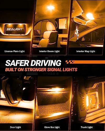 SEALIGHT 194 LED Bulb 2700K Amber, 168 2825 T10 W5W 3030 Bright LED Chips, Dome Light, Map Light, Door Light, Courtesy Light, License Plate Light, Pack of 10