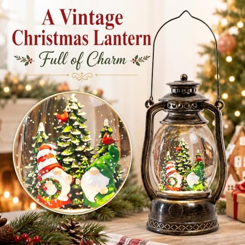 Christmas Snow Globe Lantern with LED Lighted Water Glitter, Hanging Kerosene Style Santa Tree Scene, Vintage Bronze Tabletop Holiday Decoration Gifts - Image 2