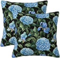 KiuLoam Black and Blue Hydrangea Pillow Covers 16x16 Set of 2, Summer Hydrangea Flower with Green Leaves Print Decorative Throw Pillow Cases, Farmhouse Style Outdoor Cushion Covers for Sofa Couch by KiuLoam