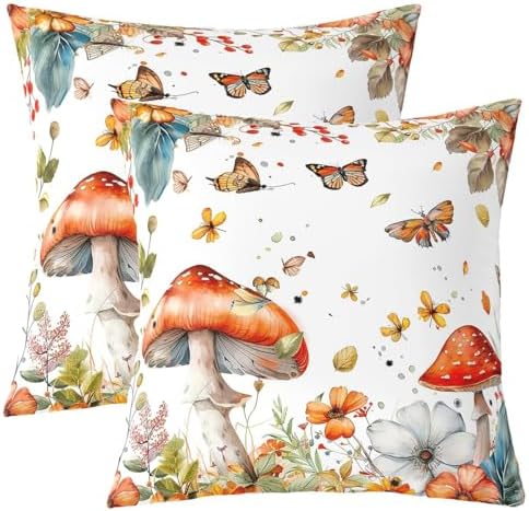 Red Mushroom 2 Pack Pillow Covers,Jungle Botanical Plants Flowers Butterfly Soft Square Cushion Case,Rustic Fall Maple Leaves Throw Pillow Coverss Double Sides,20"x 20" by Manfei