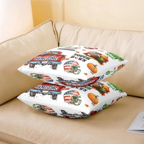 Manfei Autumn Rugby Pillow Covers Pack of 2,Rustic Fall Pumpkin Maple Leaves Throw Cushion Covers Double Sides,Football Sports Theme White Square Sofa Couch Pillow Covers,20"x 20" - Image 3
